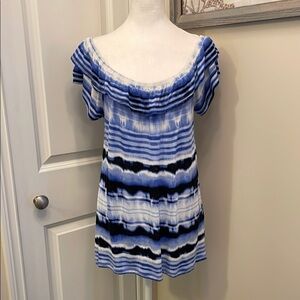 INC International Concepts Blue Drop Shoulder Ruffled Cap Sleeve Blouse EUC